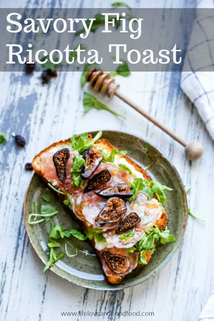 Savory Fig Ricotta Toast made with whipped ricotta, arugula, Italian salami, and dried California black mission figs