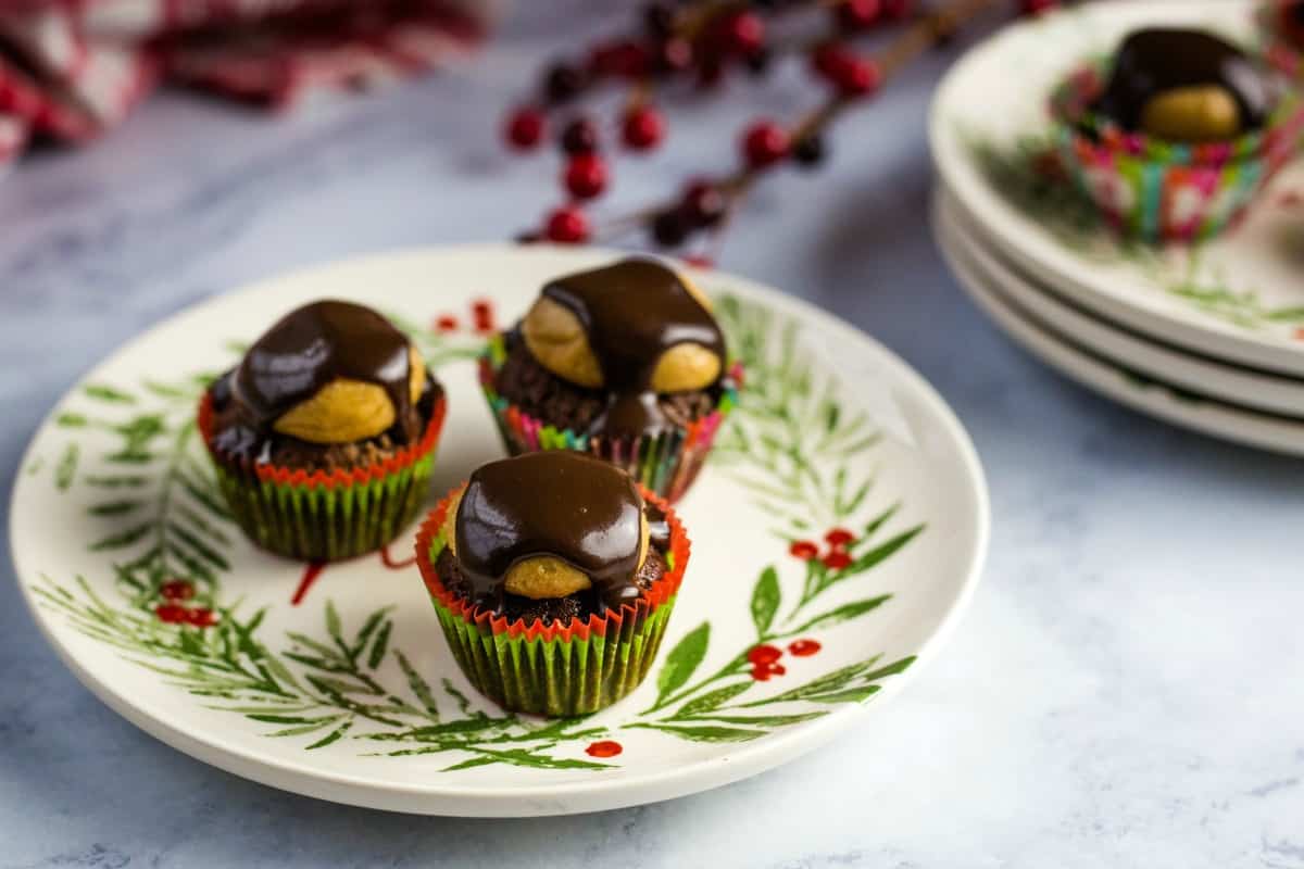 A close up of chocolate buckeye brownie bites on a plate