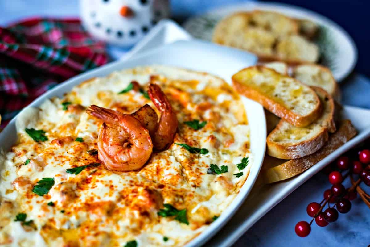 Cheesy Shrimp Dip with baguettes