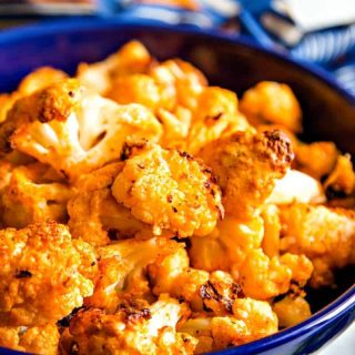 Roasted Buffalo Cauliflower in blue bowl