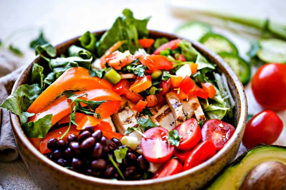Tex-Mex Chicken Salad in bowl with black beans