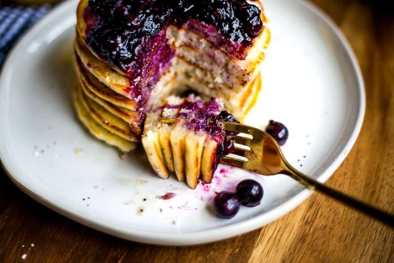 Lemon Poppy Seed Pancakes with Blueberry Compote