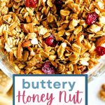 Honey Nut Granola in a bowl with dried fruit.