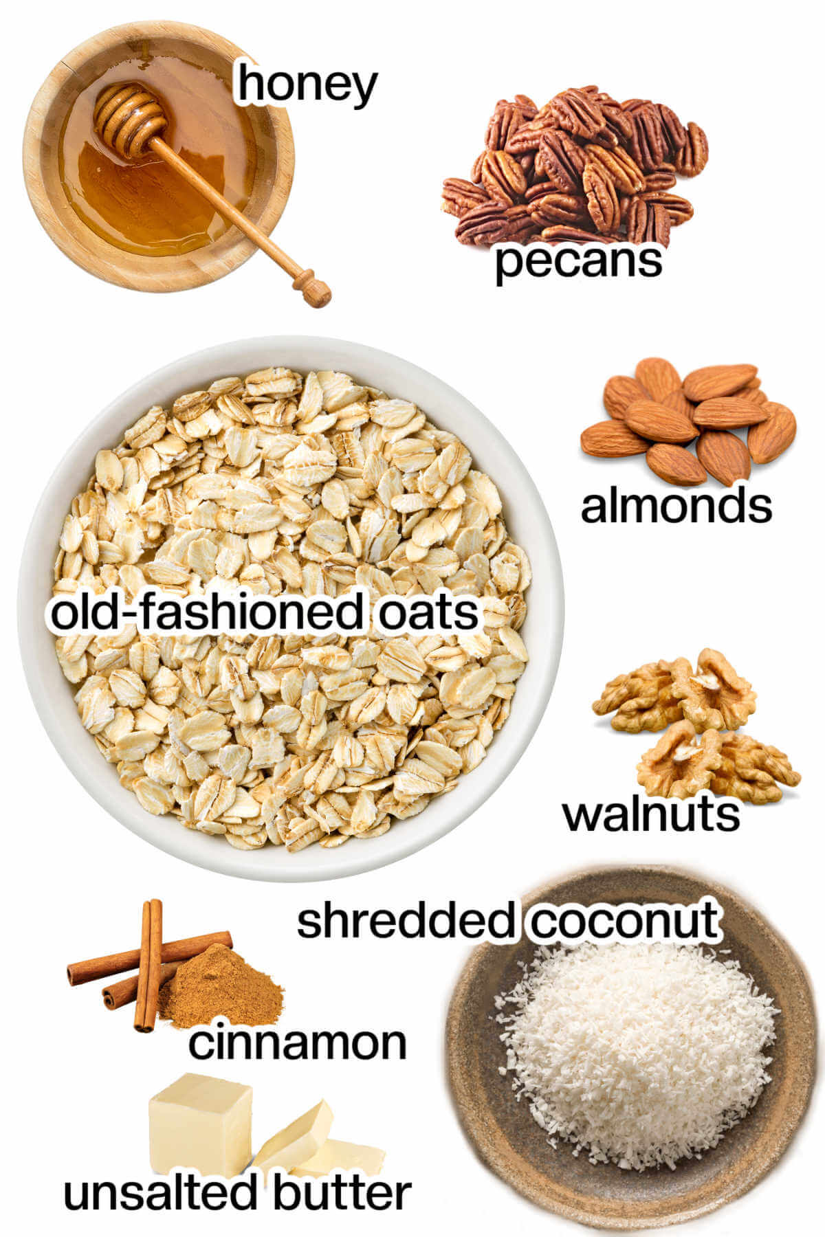 A photo montage of ingredient used to make homemade granola.