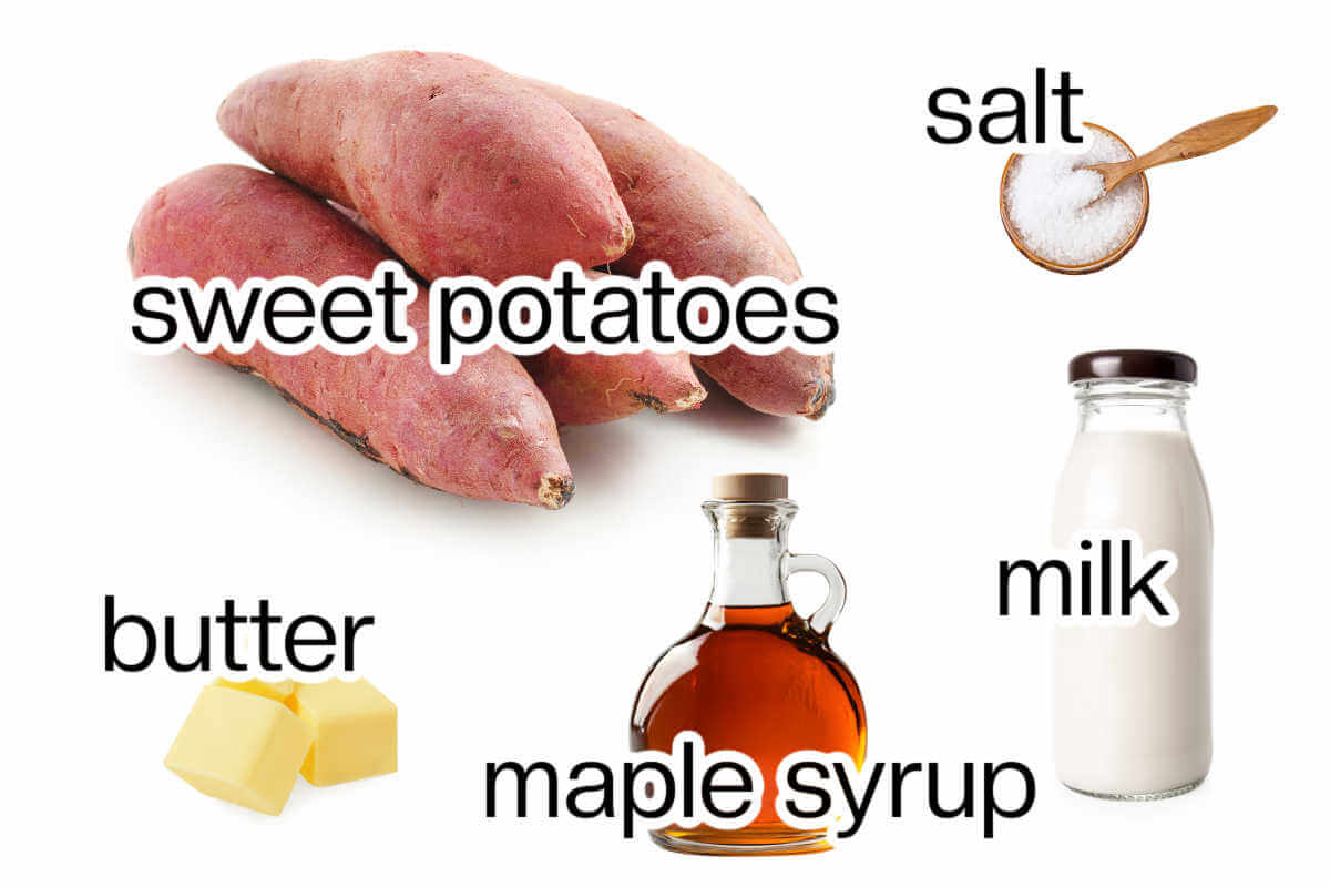 A collage of ingredients for making mashed sweet potatoes.