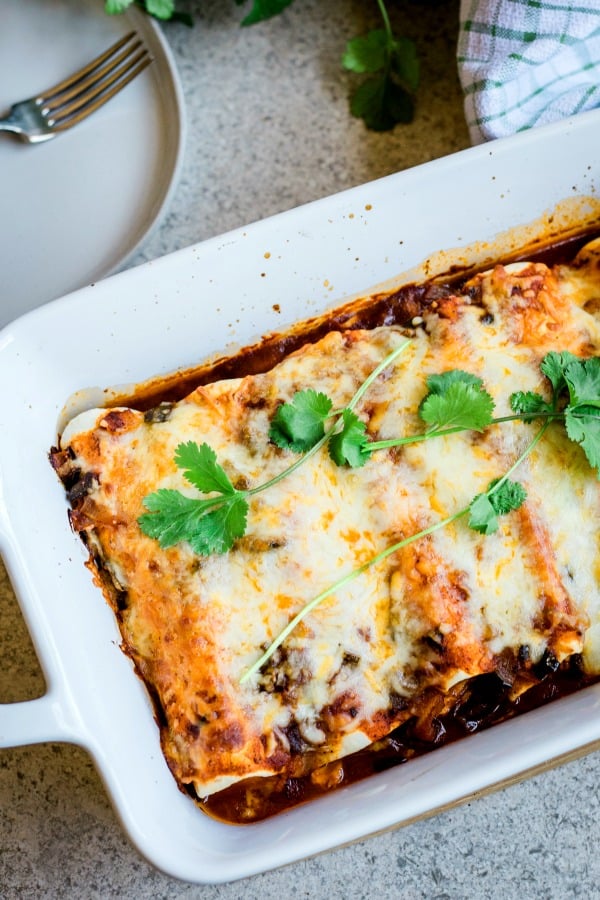 Chicken Black Bean Enchiladas hot from the oven in casserole dish