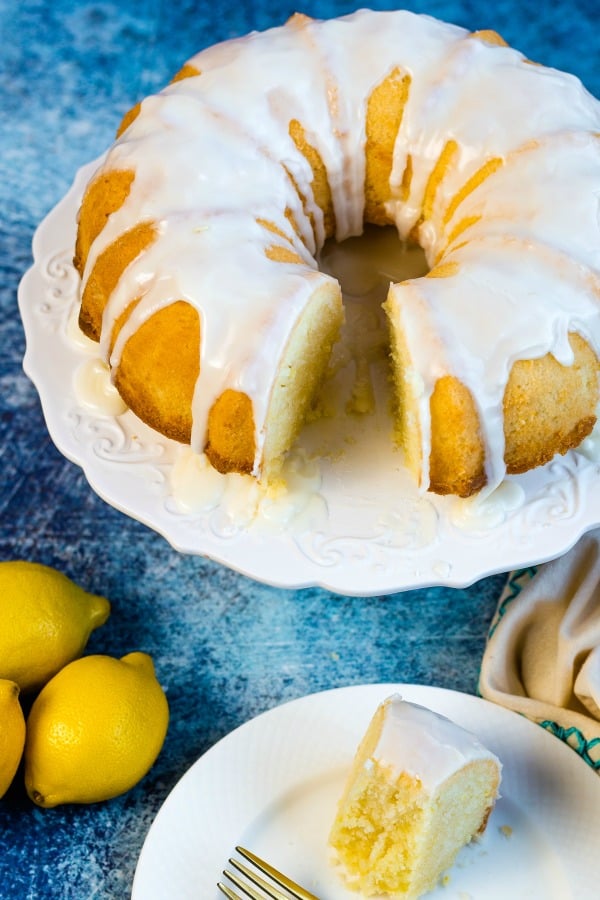lemon bundt cake with slice missing