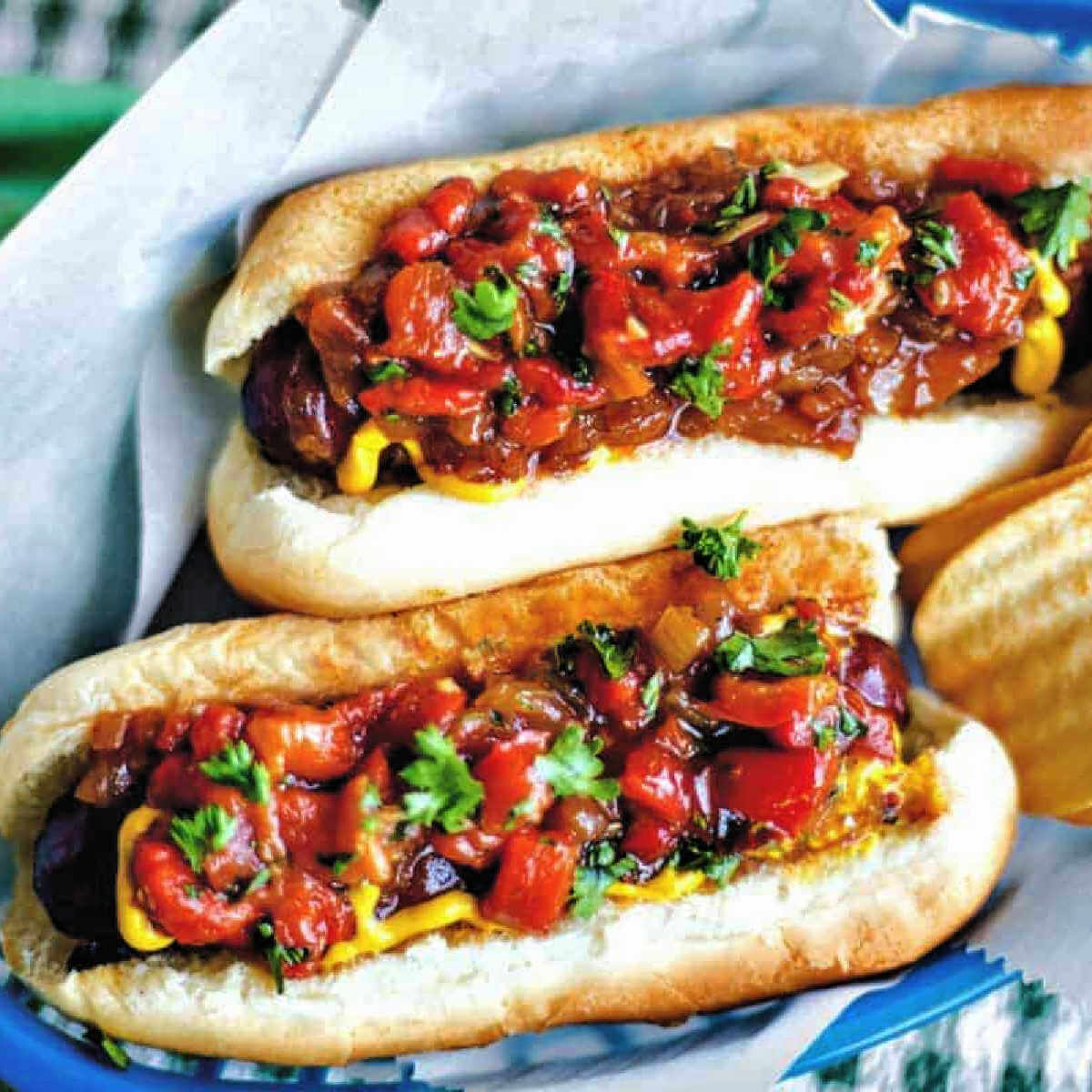Turkey hotdogs with chilli and capsicum salsa