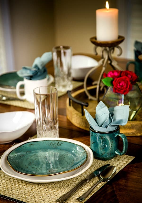 Tuxton Home artisan dinnerware on a table set for a dinner party