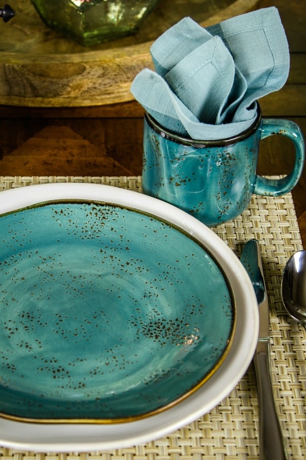 turquoise salad plate on a white dinner plate