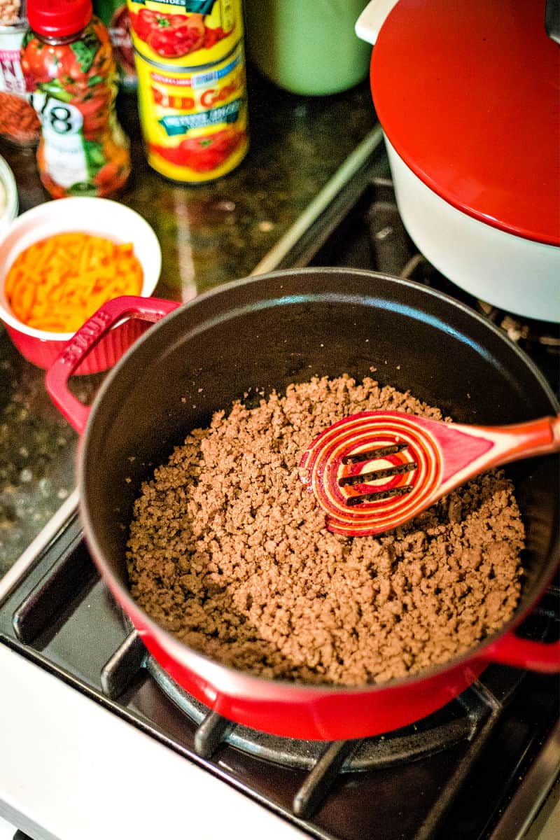 browning ground beef in a dutch oven