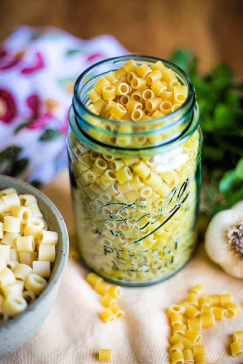 a mason jar of ditalini pasta