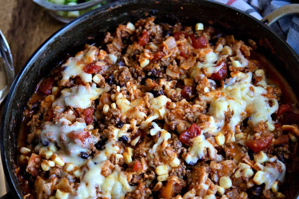 Easy Beef Enchilada Skillet with black beans, corn, and cheese