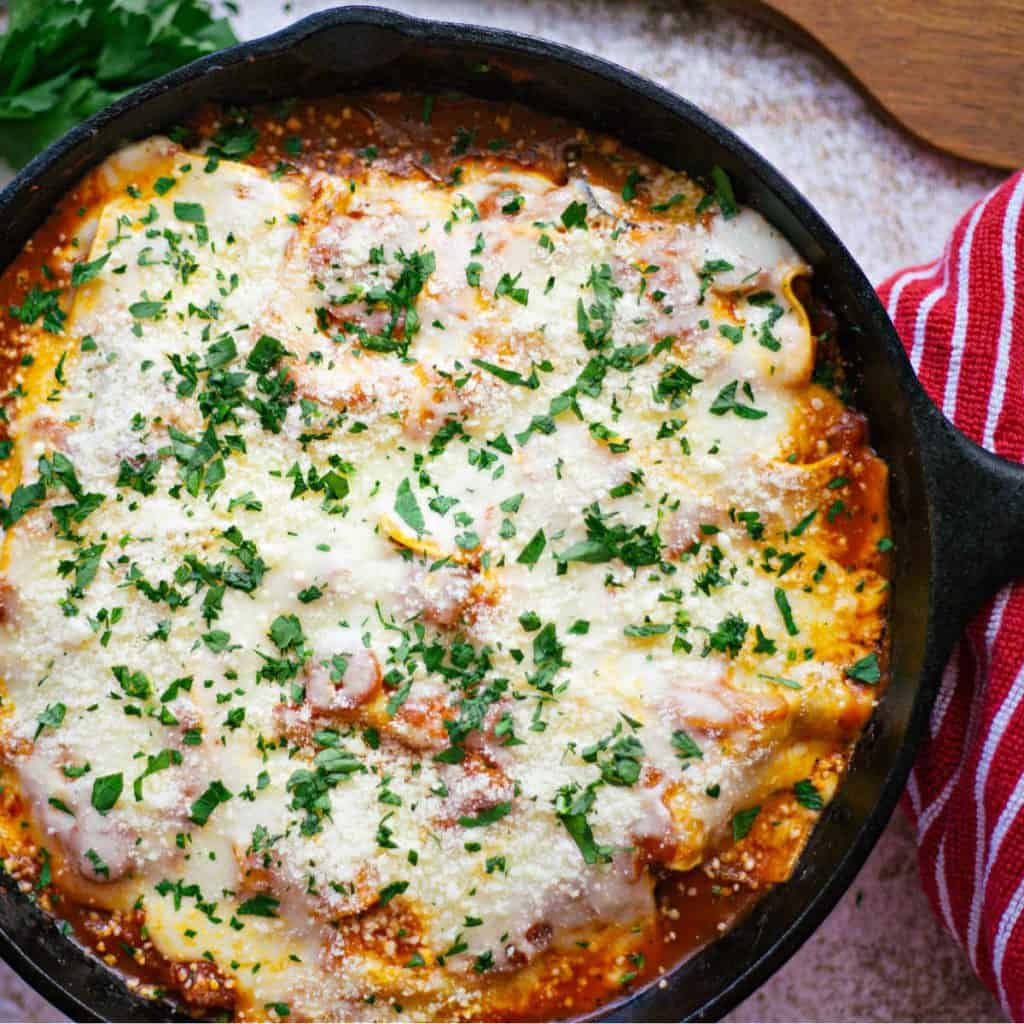 Skillet Lasagna with Squash and Mushrooms in a cast iron skillet