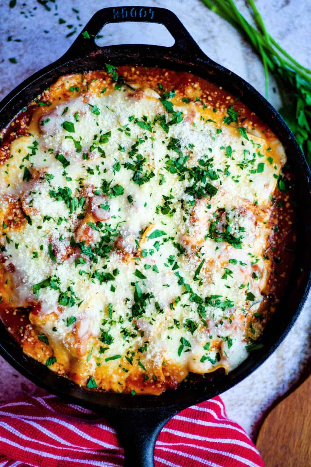 Skillet Lasagna with Squash and Mushrooms in a cast iron skillet 