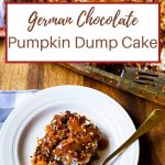 german chocolate pumpkin dump cake on a white plate with a gold fork