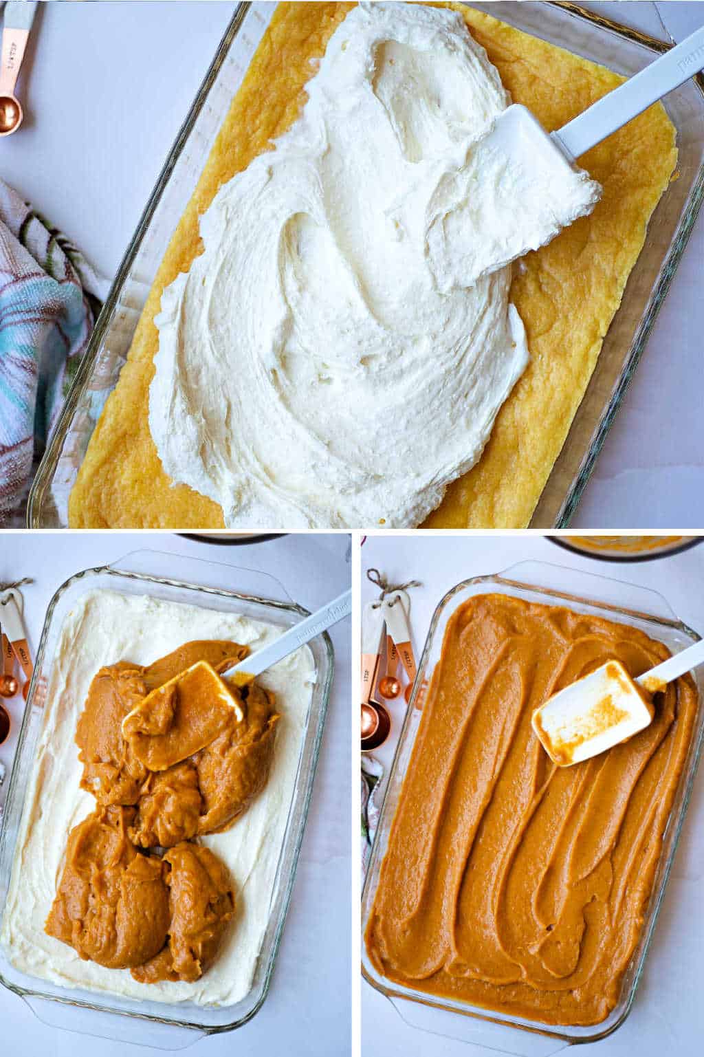 spreading a layer of whipped topping and pumpkin pudding on Pumpkin Delight