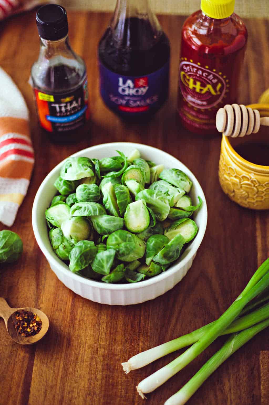 ingredients for Sriracha Chicken and Brussels Sprouts Stir Fry