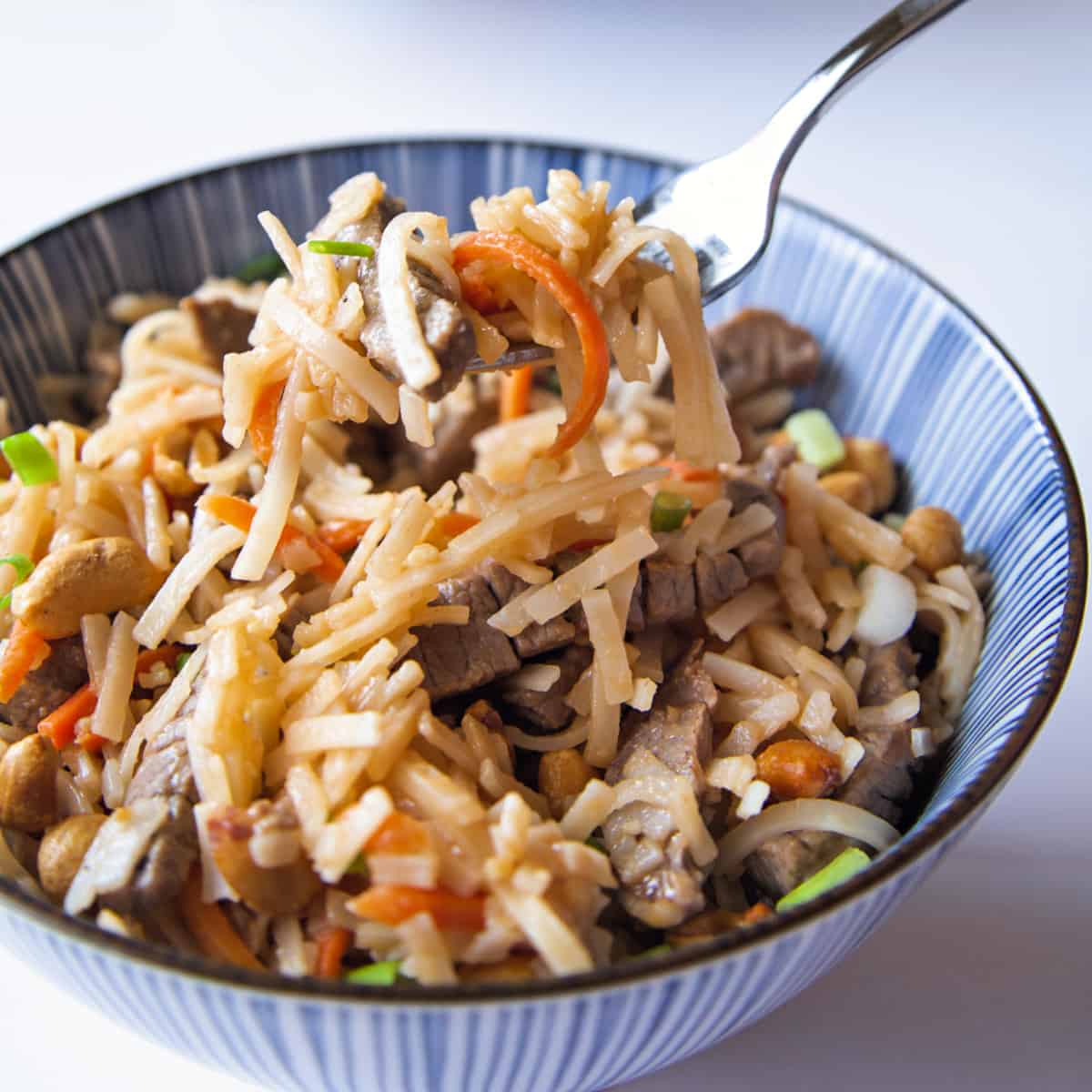 beef pad thai in a blue striped bowl with a fork