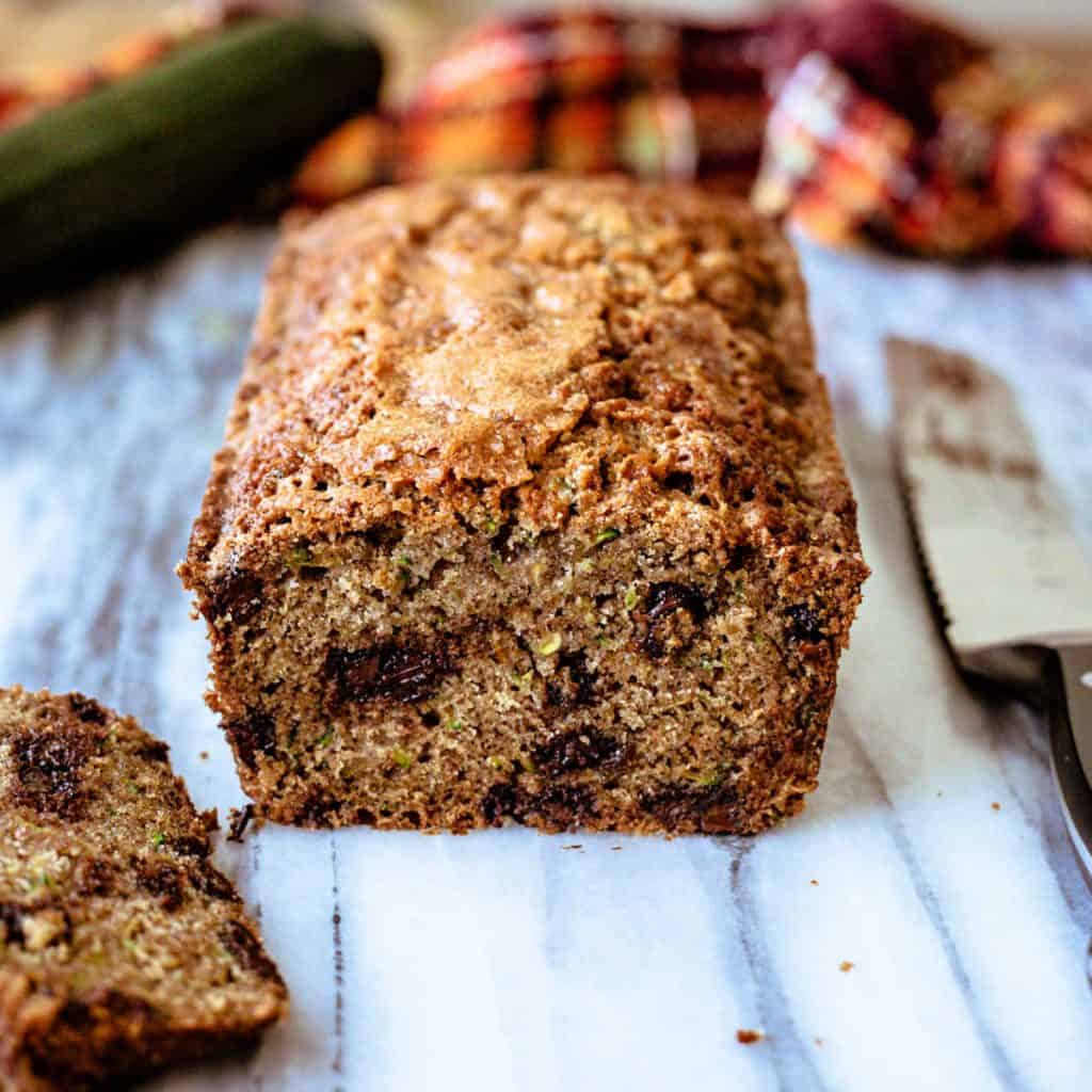 chocolate chip Zucchini Bread on a marble board