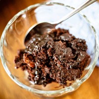 chocolate pudding cake in a glass bowl