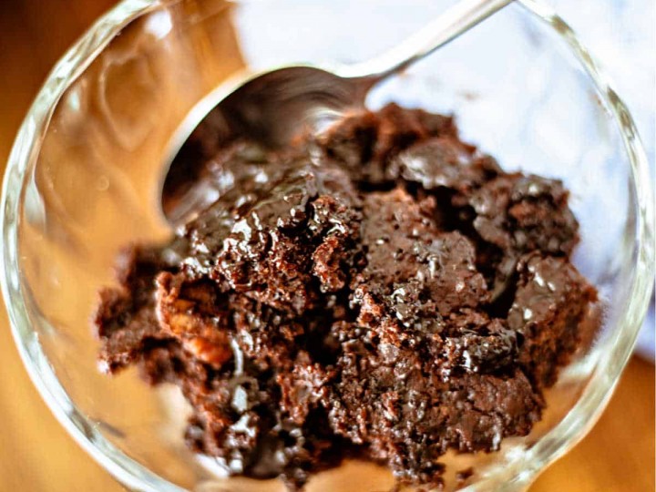 chocolate pudding cake in a glass bowl
