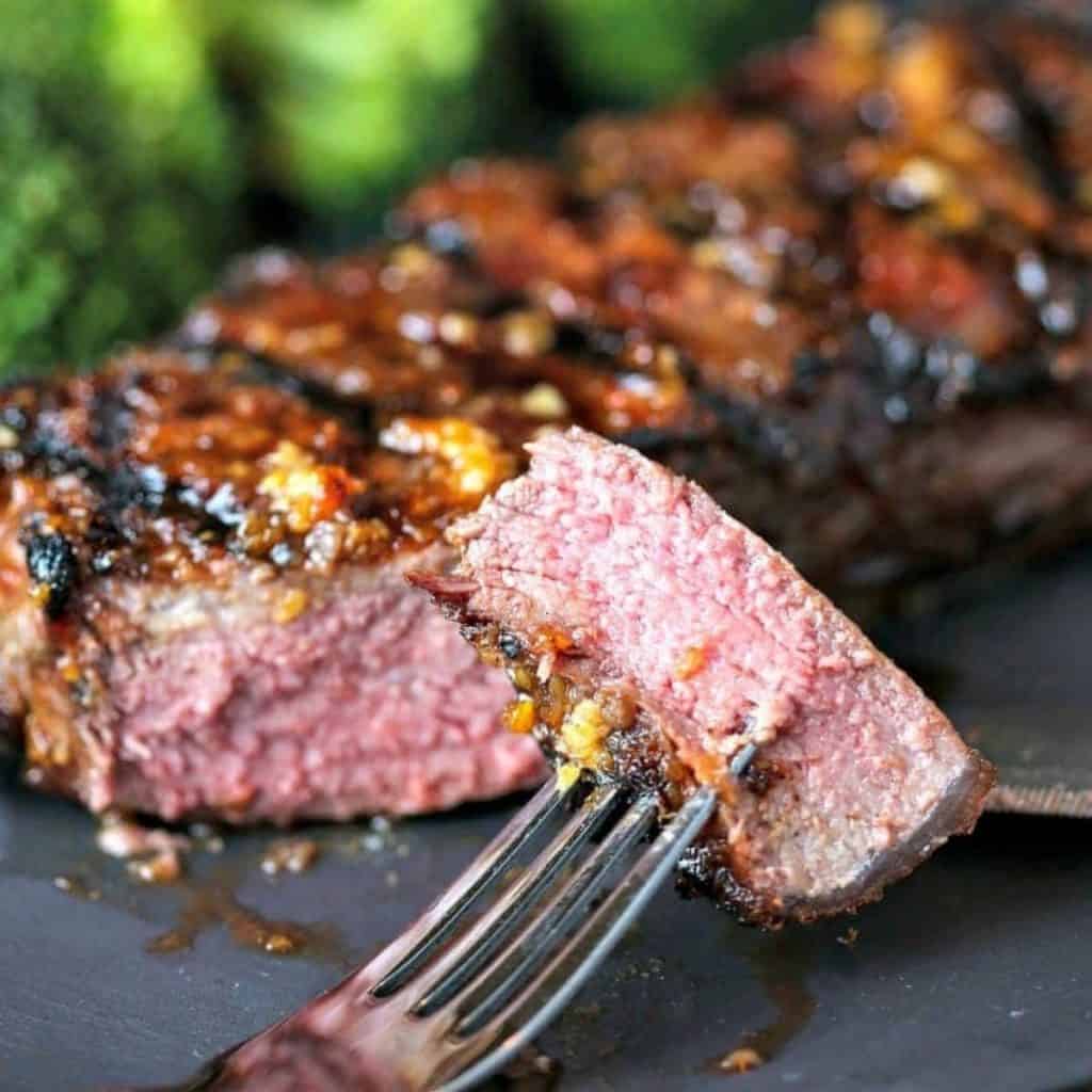New York Strip Steak bite on a fork