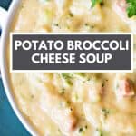 Italian Potato Broccoli Cheese Soup in a white bowl on a blue plate