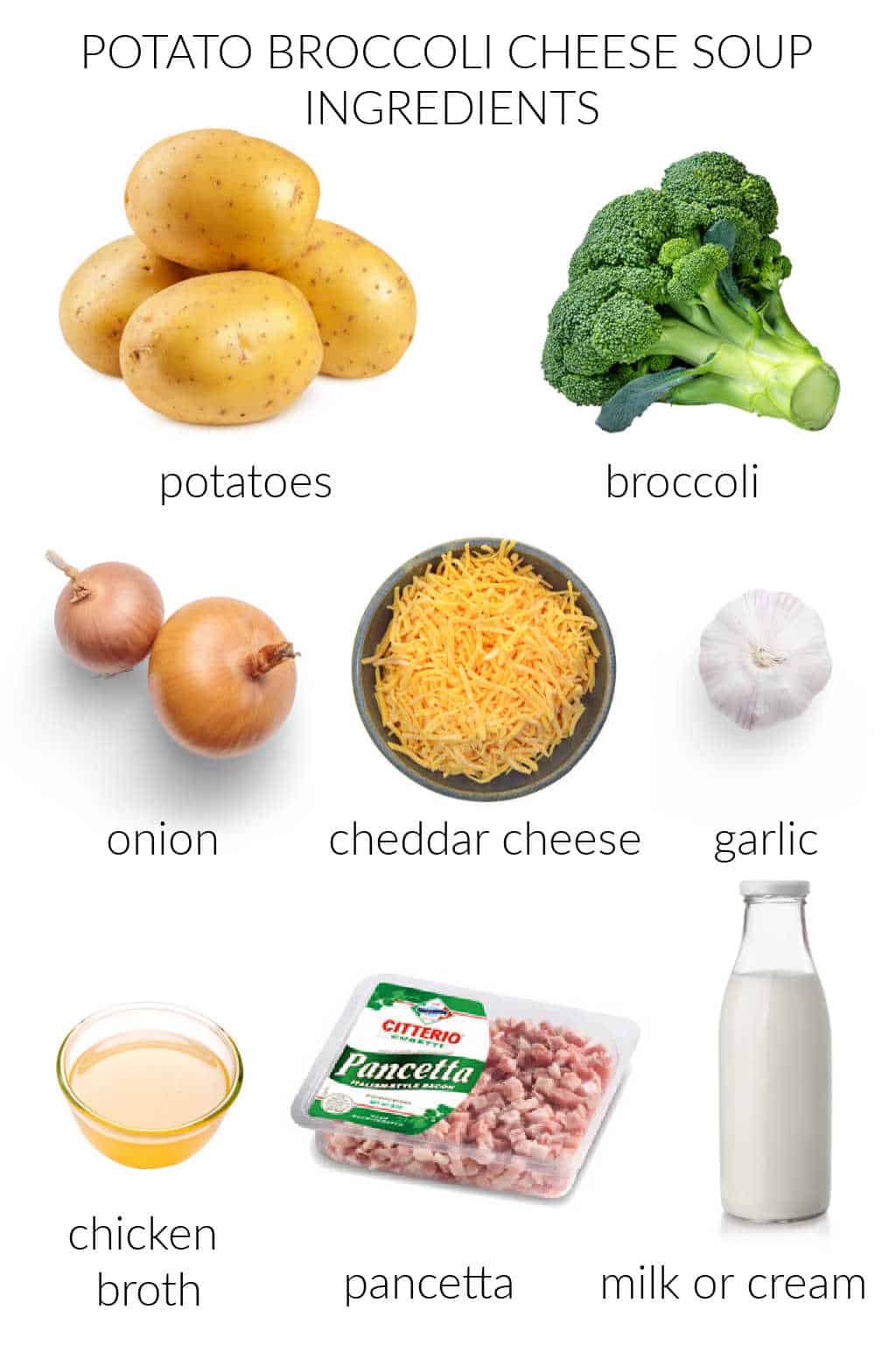 ingredients for Italian Potato Broccoli Cheese Soup