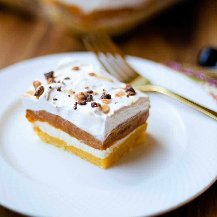 a slice of pumpkin delight on a plate on a wooden table