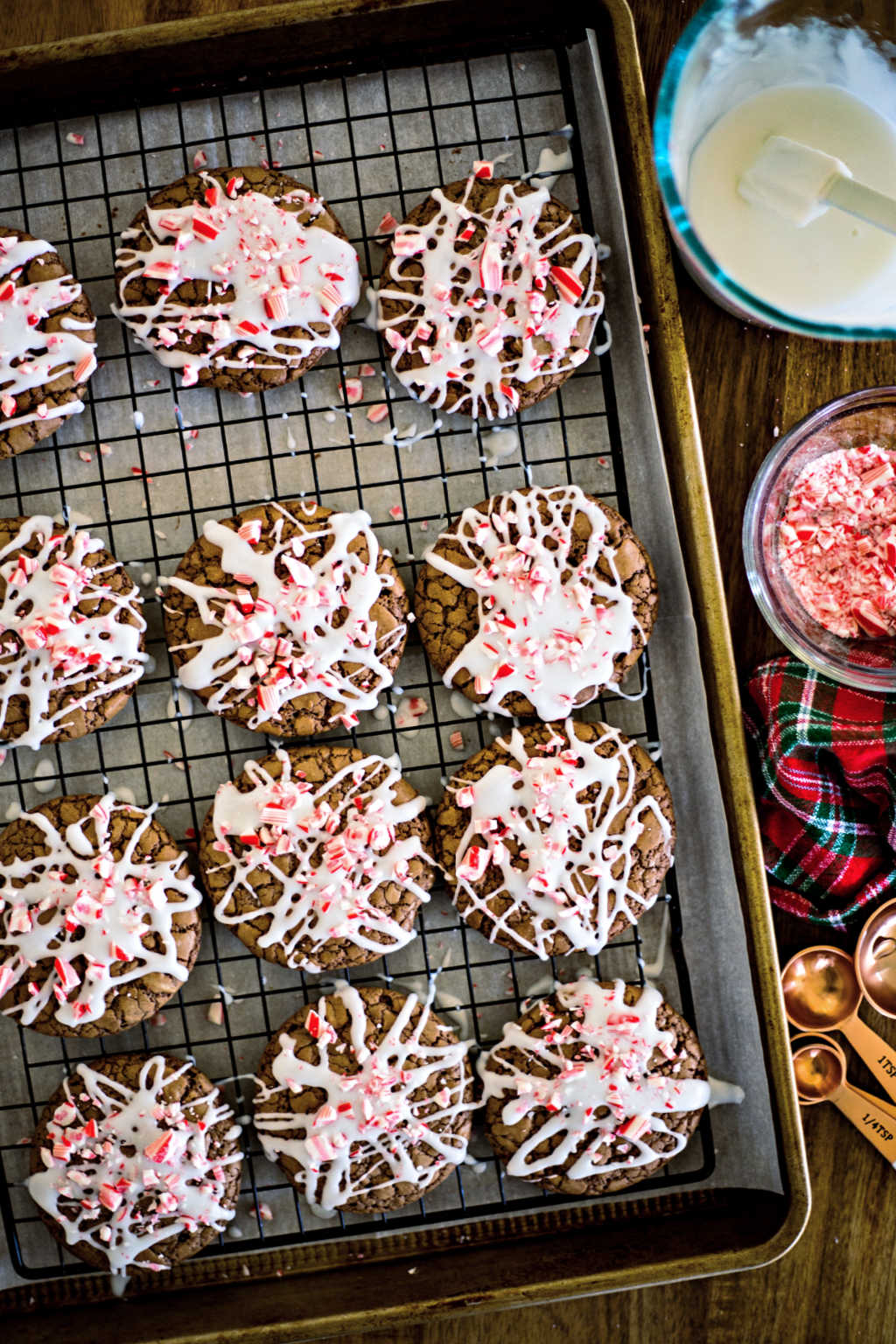 Peppermint Brownie Drop Cookies on a wire rack