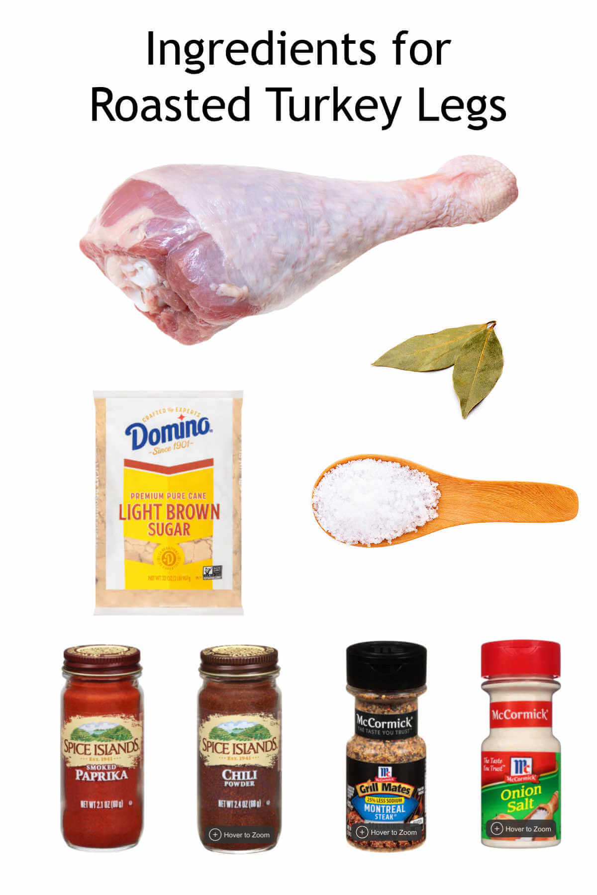 a collage of ingredients needed for roasted turkey legs and the brine.