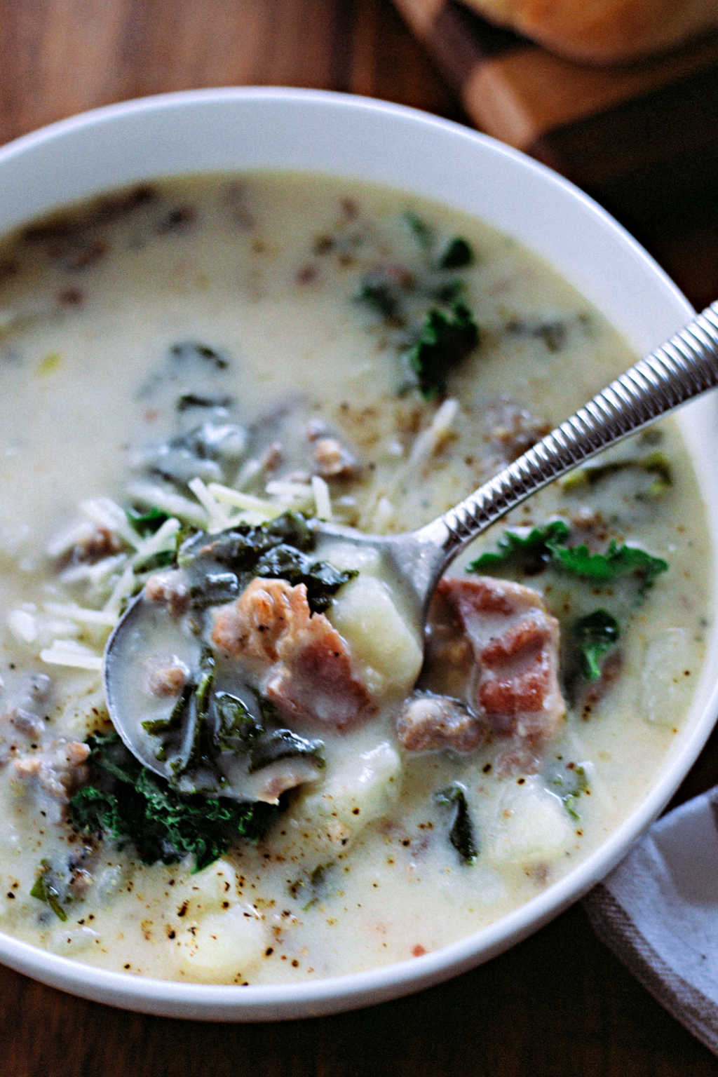 close up of a bowl of Olive Garden Zuppa Toscana Soup