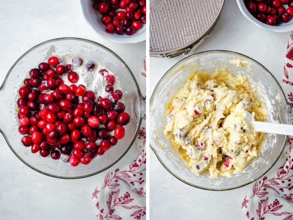 Folding flour and cranberries into batter for cranberry cake.