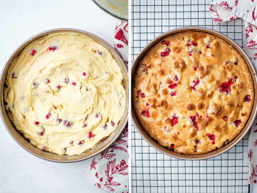 Cranberry caje batter in a springform pan ready for the oven and a baked cranberry cake cooling on a wire rack.