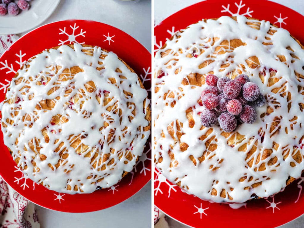 Cranberry Christmas Cake on a decorative plate and garnished with sugared cranberries.