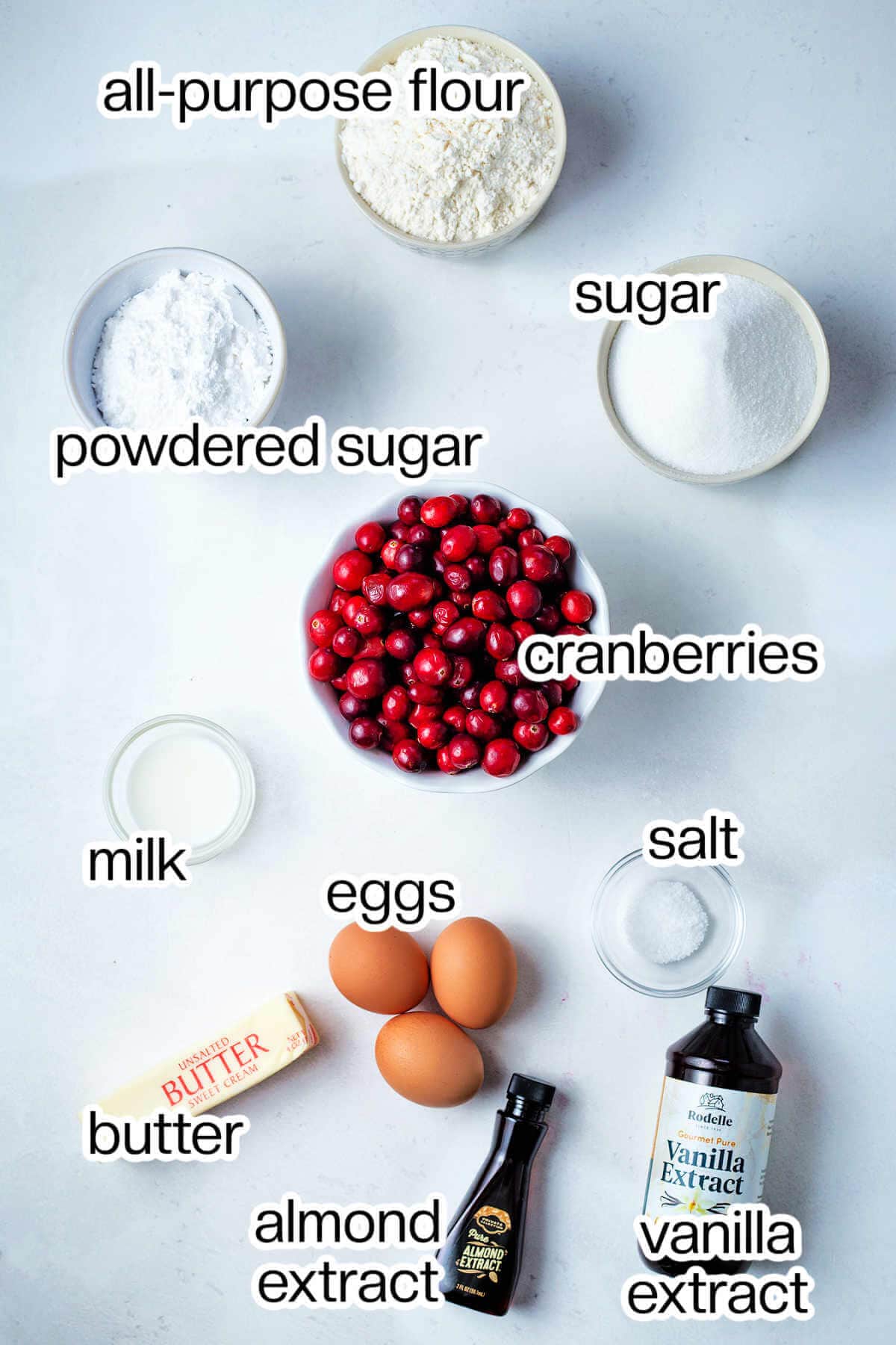 Ingredients for Cranberry Christmas Cake on a table.