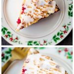 a slice of cranberry cake on Christmas china plate