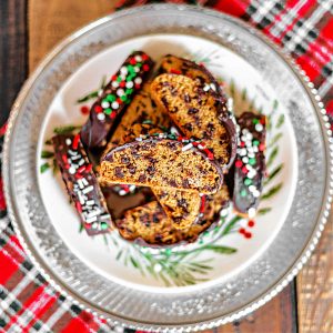 Espresso Chocolate Chip Biscotti on a Christmas plate