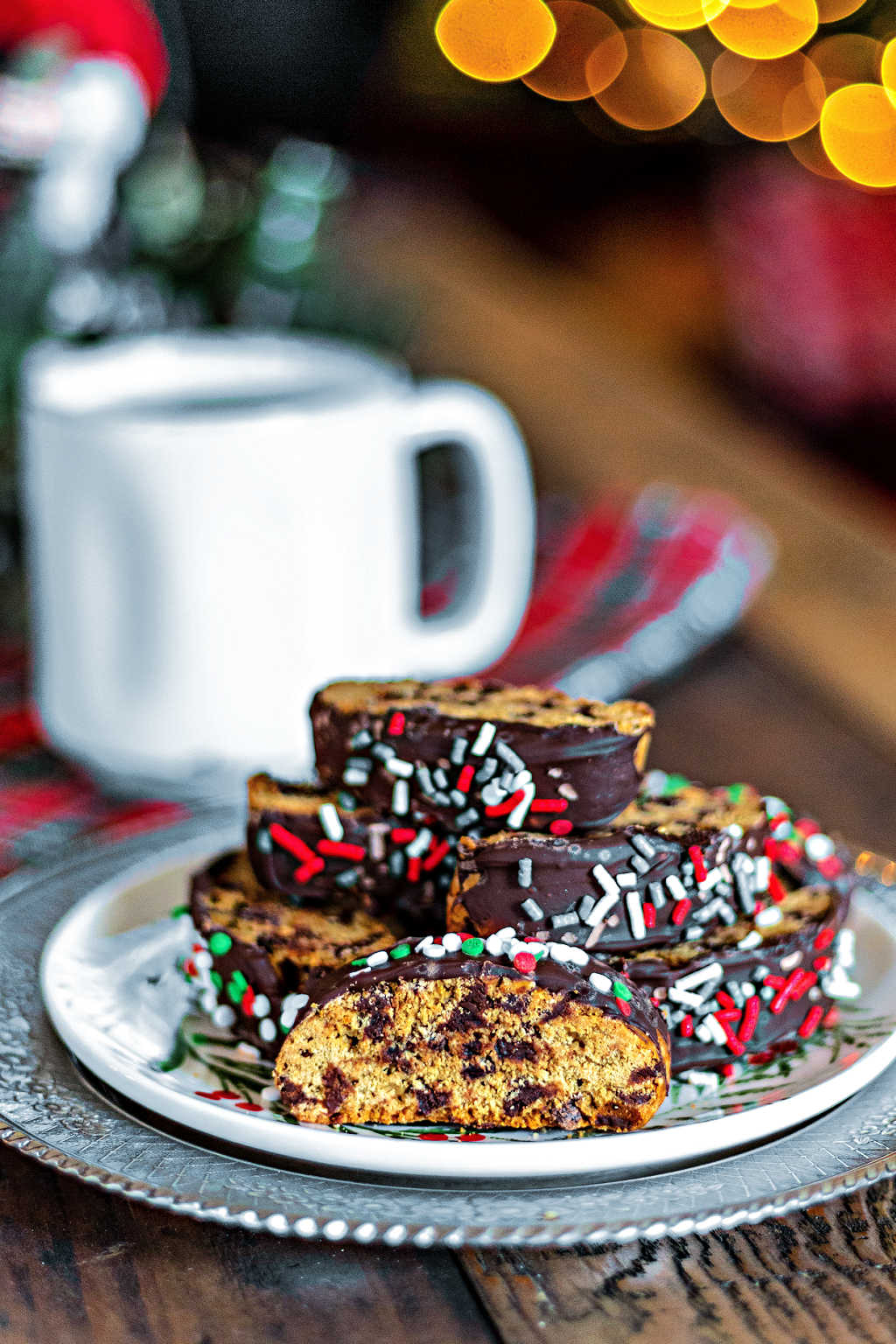 Espresso Chocolate Chip Biscotti on a Christmas plate