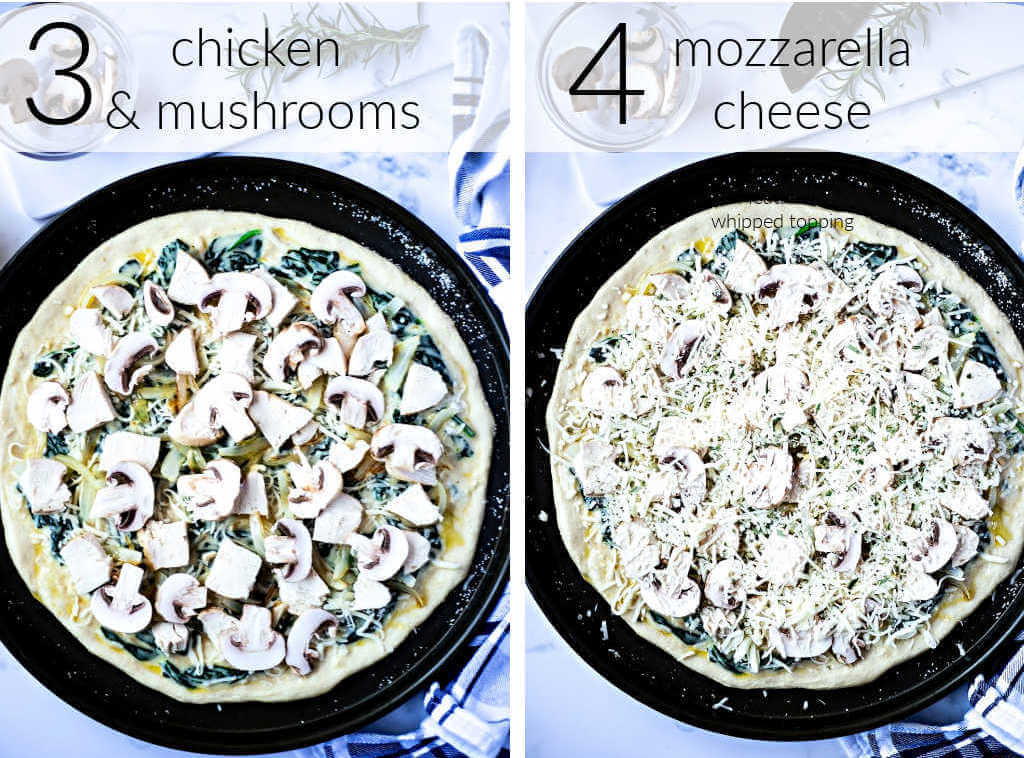 Mushrooms and cheese on top of a pizza ready to bake.
