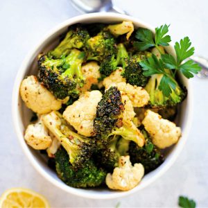 Roasted Broccoli and Cauliflower in a white bowl