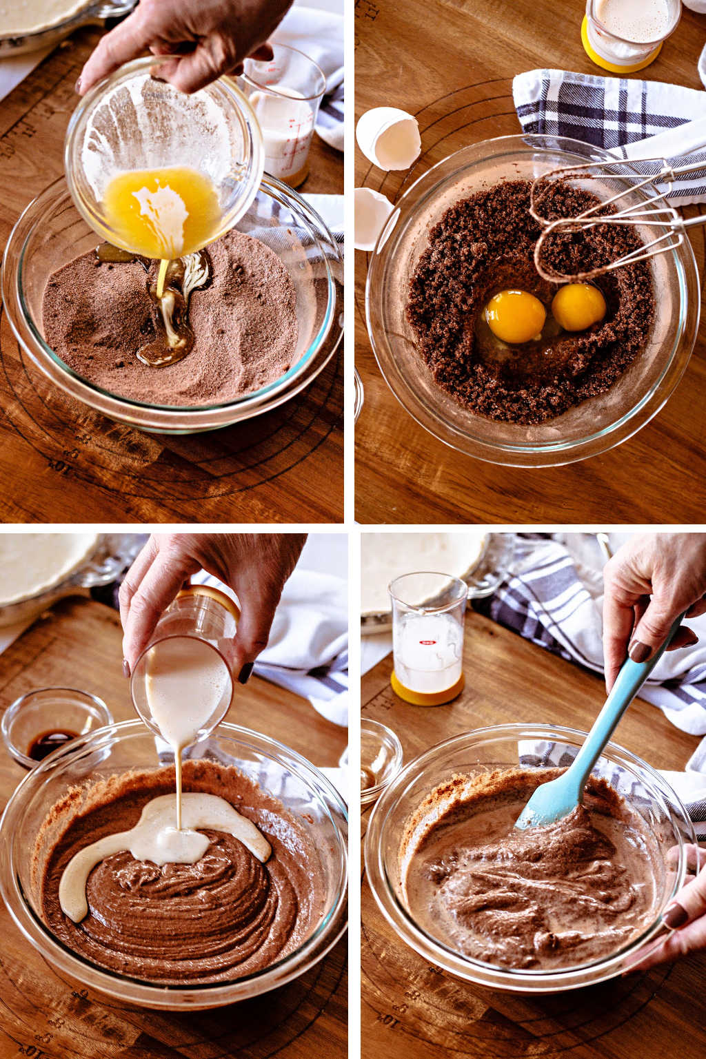 process steps for preparing batter for chocolate chess pie.