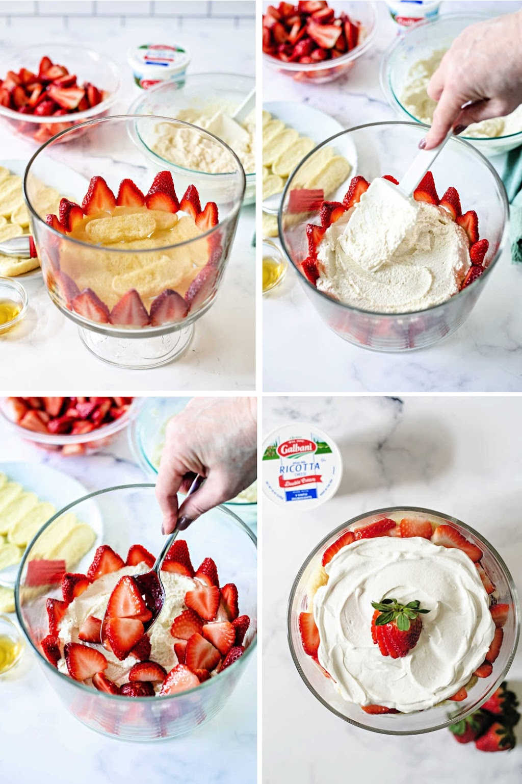 layering steps for making strawberry trifle.