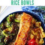 teriyaki salmon in a bowl with brown rice, roasted broccoli, red bell pepper, and pineapple on a wooden table