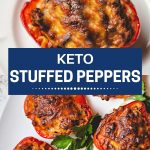 a keto stuffed red bell pepper on a white plate garnished with parsley on a kitchen counter.