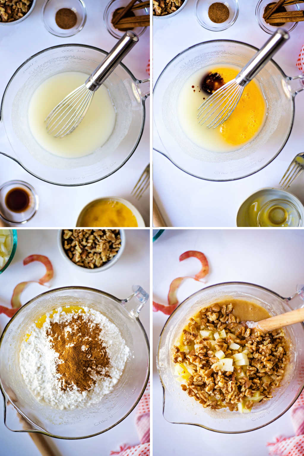 process steps for preparing batter for apple walnut cake.