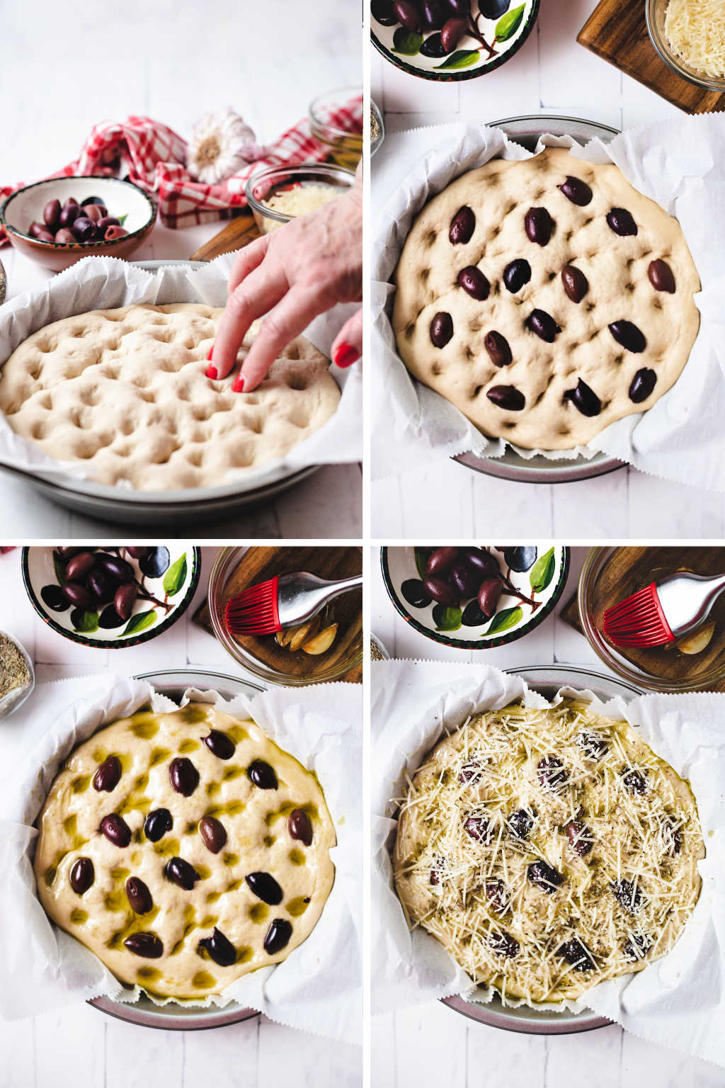 process steps for preparing greek olive focaccia bread: dimple the dough, press in olives, brush with olive oil, sprinkle with parmesan cheese and italian seasoning.