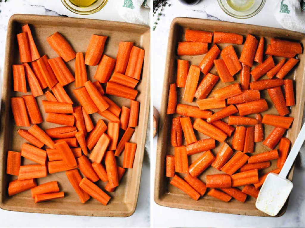 peeled and sliced carrots on a baking sheet.