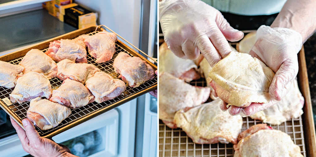 Process steps for prepping chicken thighs for the smoker: dry and refrigerate, loosen the skin.
